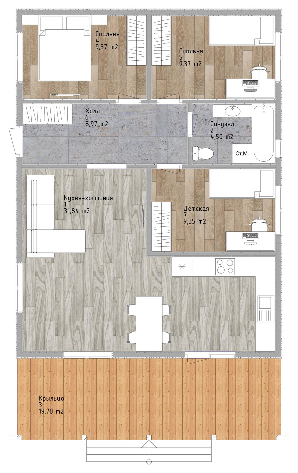 Планировка каркасного дома ДЧ-120: кухня-гостиная 31,8 м², три спальни по 9,4 м², холл 9 м², санузел 4,5 м², крыльцо 19,7 м²