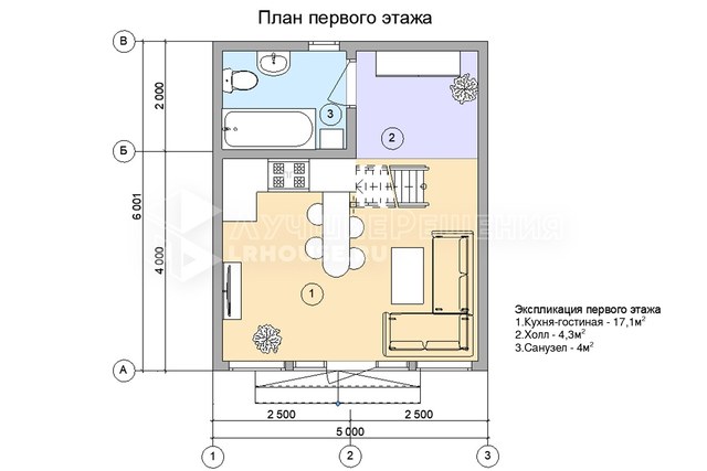 Планировка А-фрейма ДШ-201: кухня-гостиная 17,1 м², холл 4,3 м², санузел 4 м² и спальня 7,1 м²