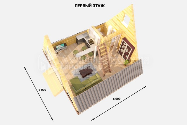 Планировка А-фрейма ДШ-201: кухня-гостиная 17,1 м², холл 4,3 м², санузел 4 м² и спальня 7,1 м²