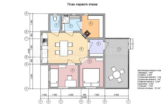 Планировка дома-бани ДБ-104: спальня 7,4 м², спальня 7 м², парная 5,3 м², душевая 3,3 м², санузел 1,7 м² и кухня-гостиная 15,1 м²