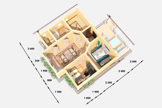 Планировка дома-бани ДБ-104: спальня 7,4 м², спальня 7 м², парная 5,3 м², душевая 3,3 м², санузел 1,7 м² и кухня-гостиная 15,1 м²