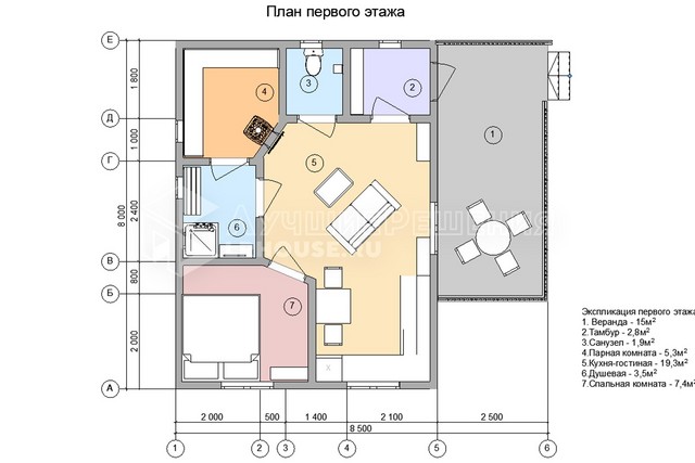 Планировка дома-бани ДБ-107: санузел 1,9 м², парная 5,3 м², кухня-гостиная 19,3 м², душевая 3,5 м² и спальня 7,4 м²