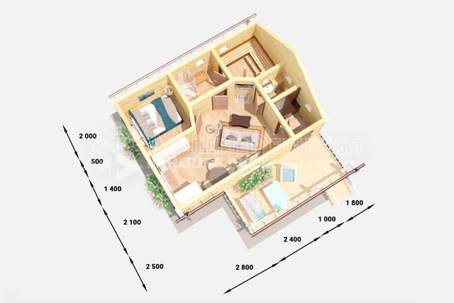Планировка дома-бани ДБ-107: санузел 1,9 м², парная 5,3 м², кухня-гостиная 19,3 м², душевая 3,5 м² и спальня 7,4 м²