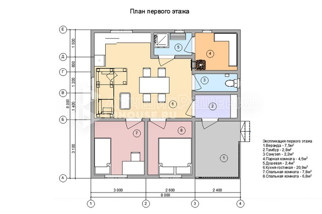 Планировка дома-бани ДБ-110: санузел 2,2 м², парная 4,5 м², душевая 2,4 м², кухня-гостиная 20,9 м², спальня 7,8 м² и спальня 6,8 м²