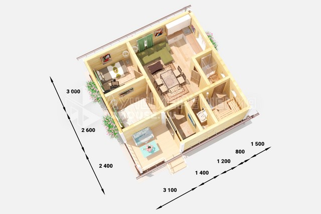 Планировка дома-бани ДБ-110: санузел 2,2 м², парная 4,5 м², душевая 2,4 м², кухня-гостиная 20,9 м², спальня 7,8 м² и спальня 6,8 м²