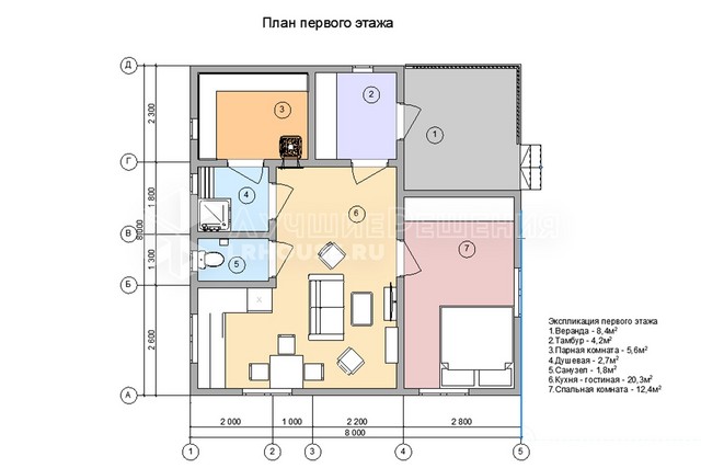 Планировка дома-бани ДБ-111: парная 5,6 м², душевая 2,7 м², санузел 1,8 м², кухня-гостиная 20,3 м² и спальня 12,4 м²