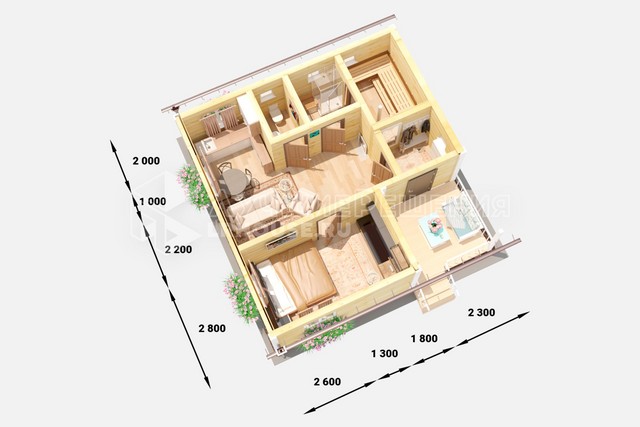 Планировка дома-бани ДБ-111: парная 5,6 м², душевая 2,7 м², санузел 1,8 м², кухня-гостиная 20,3 м² и спальня 12,4 м²