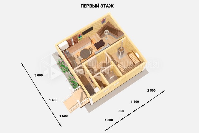 Планировка дома-бани ДБ-212: парная 6 м², душевая 1,6 м², санузел 1,1 м², кухня-гостиная 15,2 м², спальня 9,5 м² и спальня 9,5 м²