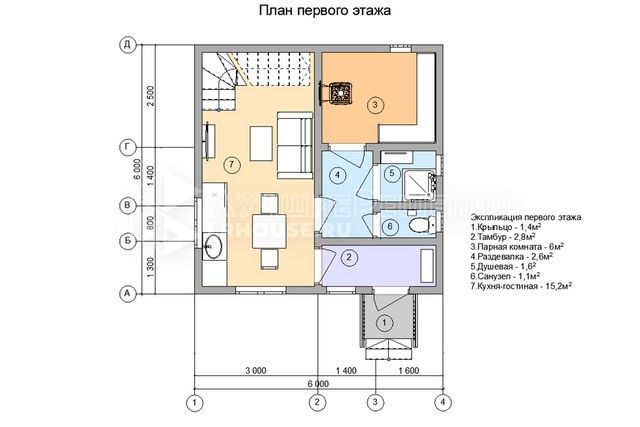 Планировка дома-бани ДБ-212: парная 6 м², душевая 1,6 м², санузел 1,1 м², кухня-гостиная 15,2 м², спальня 9,5 м² и спальня 9,5 м²