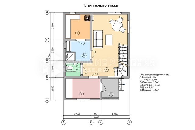 Планировка дома-бани ДБ-218: санузел 1,6 м², гостиная 18,8 м², душевая 3,8 м², парная 4,9 м², спальня 11,6 м² и спальня 11,9 м²
