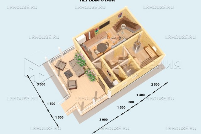 Планировка дома-бани ДБ-219: кухня-гостиная 15,2 м², парная 6 м², душевая 1,6 м², санузел 1,1 м², спальня 9,5 м² и спальня 9,5 м²