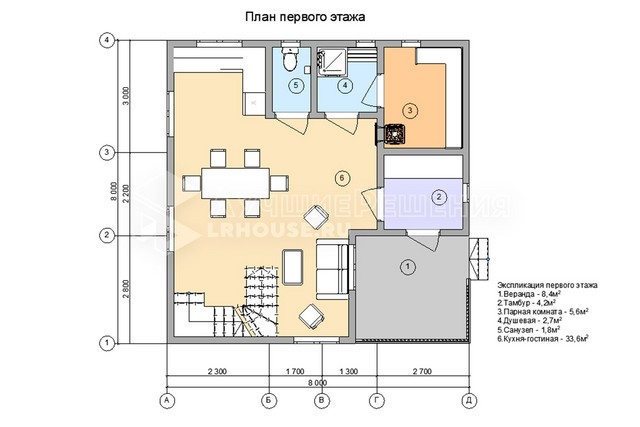 Планировка дома-бани ДБ-220: парная 5,6 м², душевая 2,7 м², санузел 1,8 м², кухня-гостиная 33,6 м², спальня 9,5 м², спальня 14,2 м² и спальня 10,3 м²