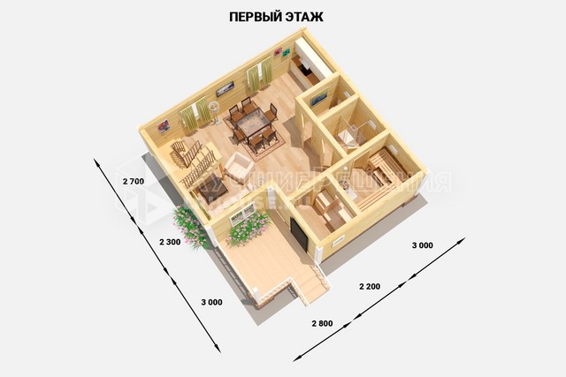Планировка дома-бани ДБ-220: парная 5,6 м², душевая 2,7 м², санузел 1,8 м², кухня-гостиная 33,6 м², спальня 9,5 м², спальня 14,2 м² и спальня 10,3 м²