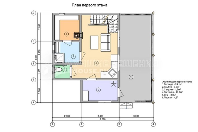 Планировка дома-бани ДБ-221: санузел 1,6 м², гостиная 18,8 м², душевая 3,8 м², парная 4,9 м², спальня 9,2 м² и спальня 8,6 м²