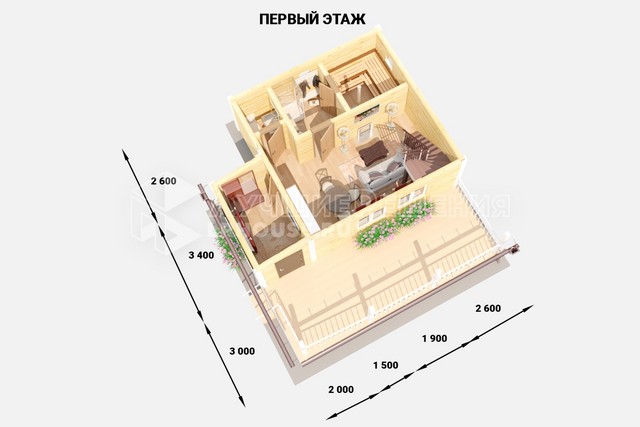 Планировка дома-бани ДБ-221: санузел 1,6 м², гостиная 18,8 м², душевая 3,8 м², парная 4,9 м², спальня 9,2 м² и спальня 8,6 м²