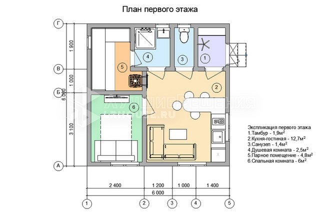 Планировка дома-бани ДБ-101: кухня-гостиная 12,7 м², санузел 1,4 м², душевая 2,5 м², парная 4,8 м² и спальня 6 м²