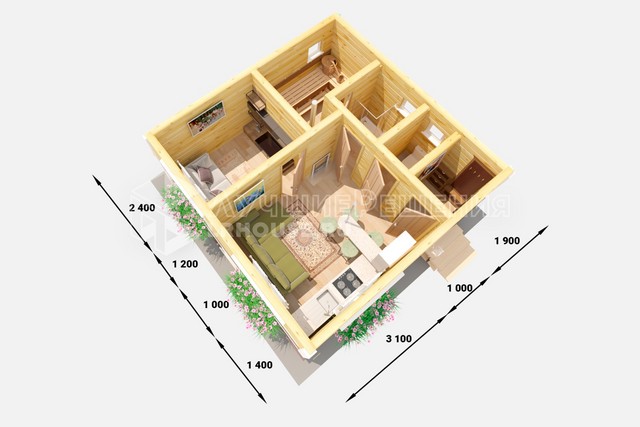 Планировка дома-бани ДБ-101: кухня-гостиная 12,7 м², санузел 1,4 м², душевая 2,5 м², парная 4,8 м² и спальня 6 м²