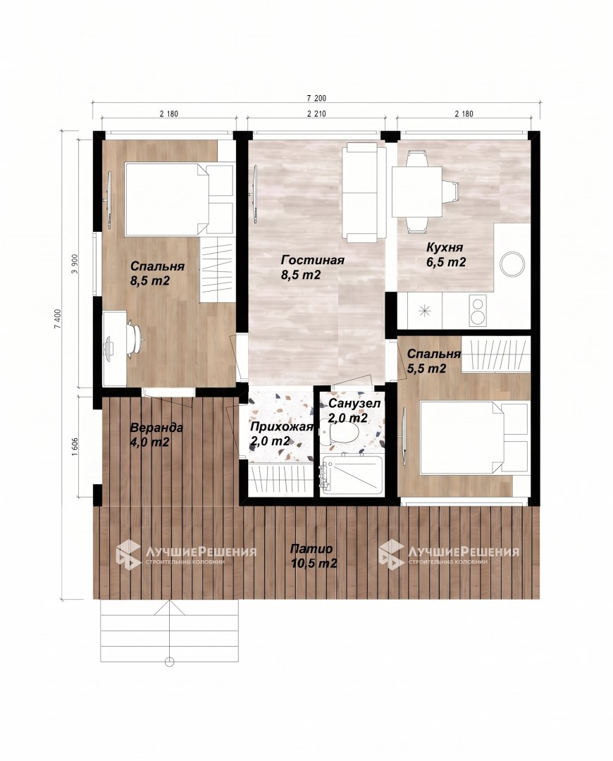 Планировка барнхауса БАРН-125: гостиная 8,5 м², кухня 6,5 м², две спальни площадью 8,5 и 5,5 м², санузел 2 м², веранда 4 м²