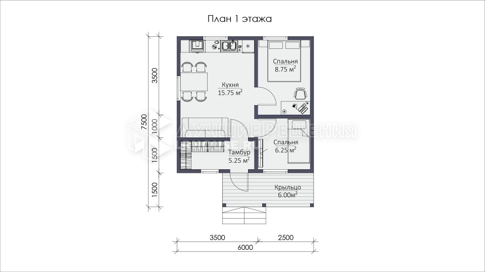 Планировка дачного дома ДС-108: кухня 15,8 м², две спальни площадью 8,8 и 6,2 м², тамбур 5,2 м², крыльцо 6 м²