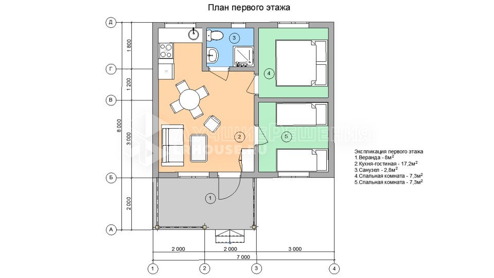 Планировка дачного дома ДС-107: кухня-гостиная 17,2 м², две спальни по 7,3 м², санузел 2,8 м², веранда 8 м²